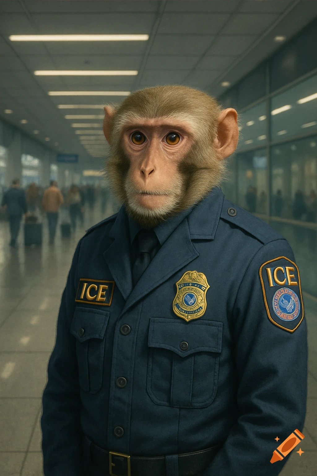 A photorealistic monkey wearing an "ICE" immigration and customs enforcement uniform in an airport terminal.