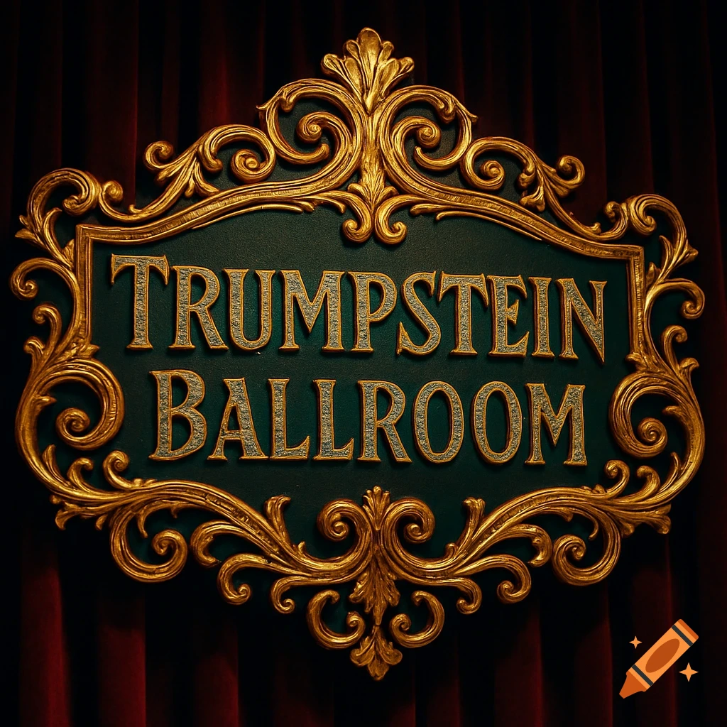 A glamorous gold ornate sign on a dark green background reads 'TRUMPSTEIN BALLROOM' against a red curtain.