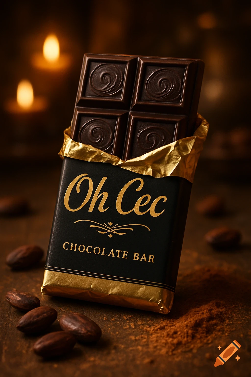 A photorealistic dark chocolate bar in gold foil and black packaging with "Oh Cec Chocolate Bar" text, standing on a wooden surface with cocoa beans and powder. Blurry candles in background.
