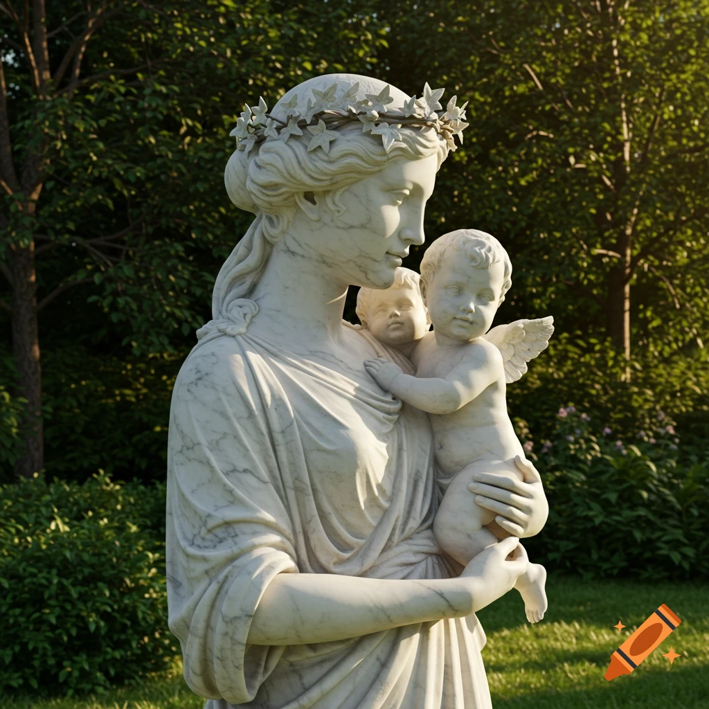 A white marble statue of a woman with a leafy crown holding two cherubic babies in a lush green garden.
