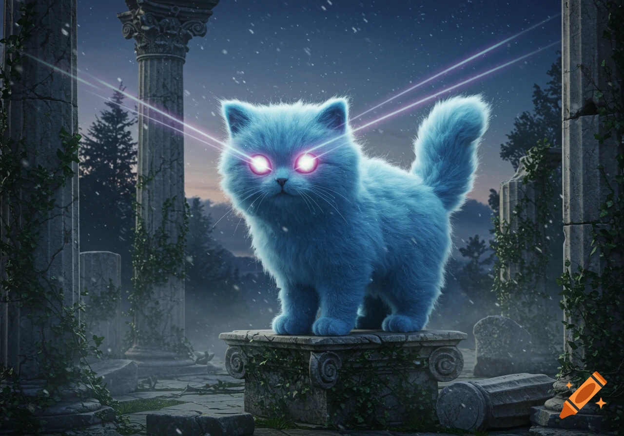 A fluffy blue cat with glowing pink laser eyes stands on a stone pedestal amidst ancient ruins under a snowy night sky.