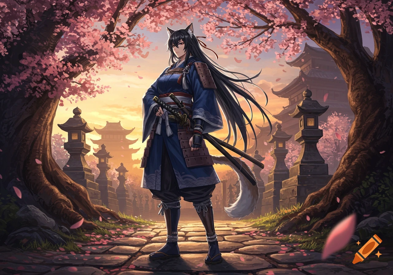 Anime samurai woman with black hair, tiger ears, and a fox tail in blue kimono, standing on a path with lanterns, cherry blossoms, and Japanese buildings at sunset.