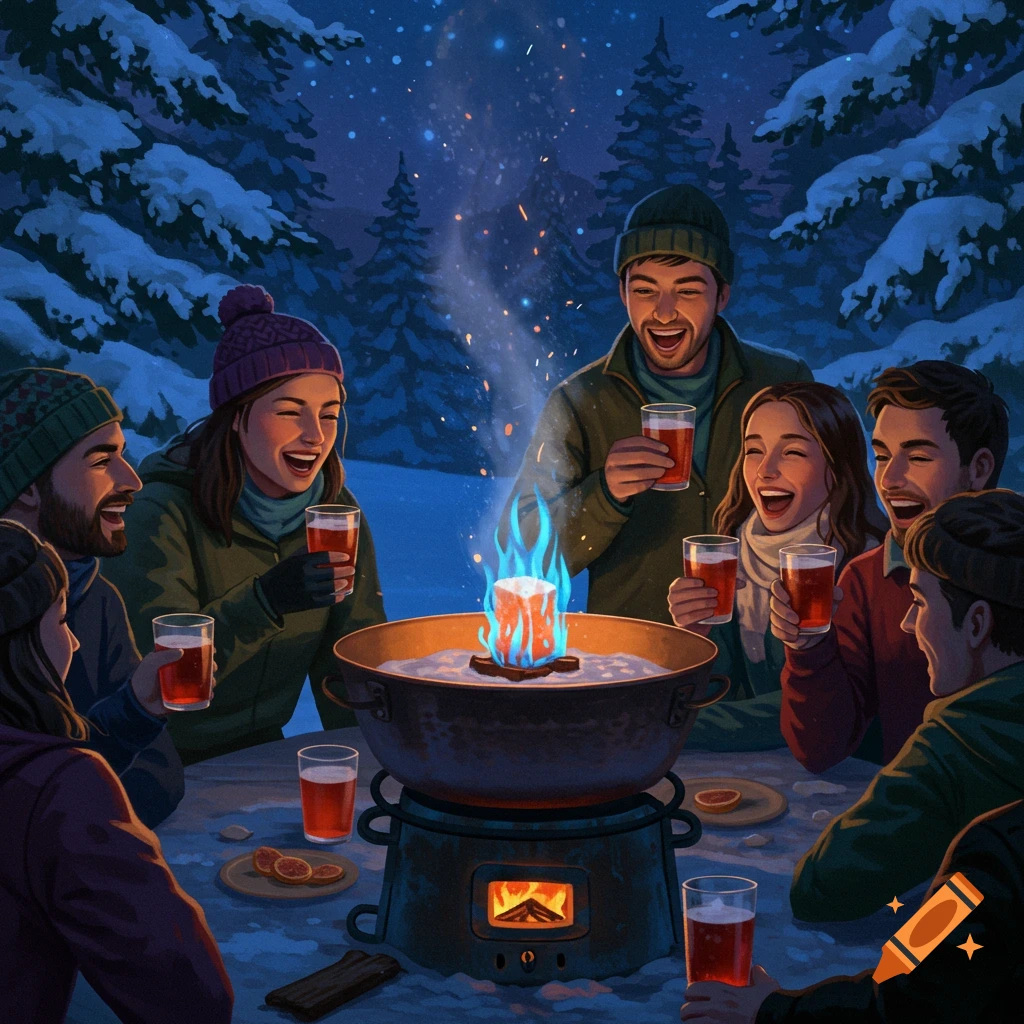 Friends laughing and drinking around a flaming Feuerzangenbowle pot in a snowy winter forest at night, illustrated.