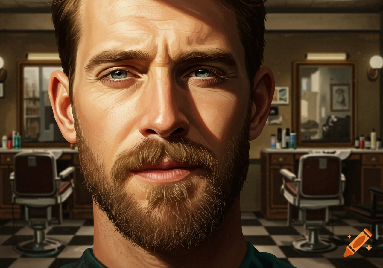 A close-up portrait of a man with a beard and mustache, looking directly forward in a barbershop setting.
