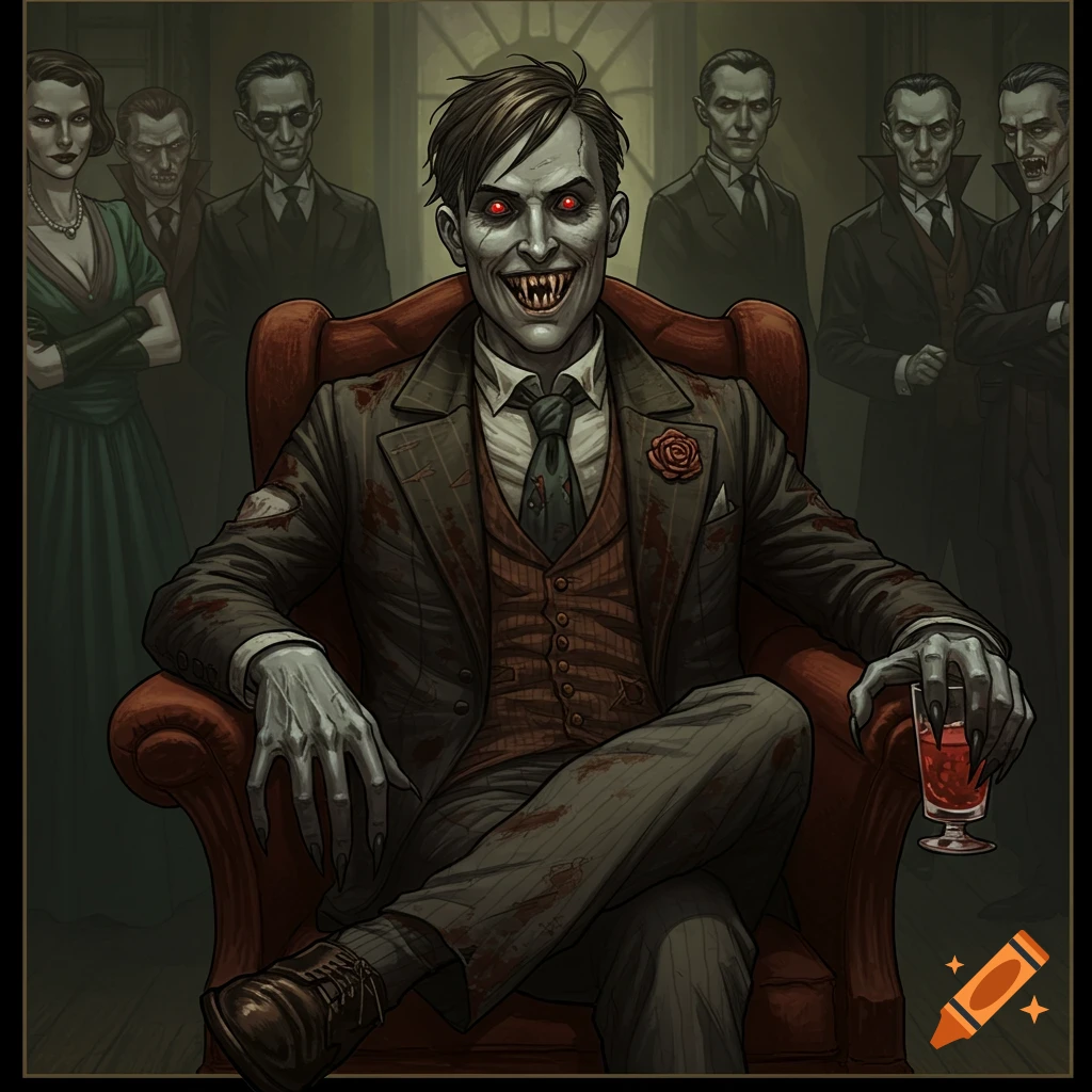 A grinning vampire with red eyes and fangs sits in a chair, holding a glass of blood, surrounded by other vampires in a dark, gothic illustration.