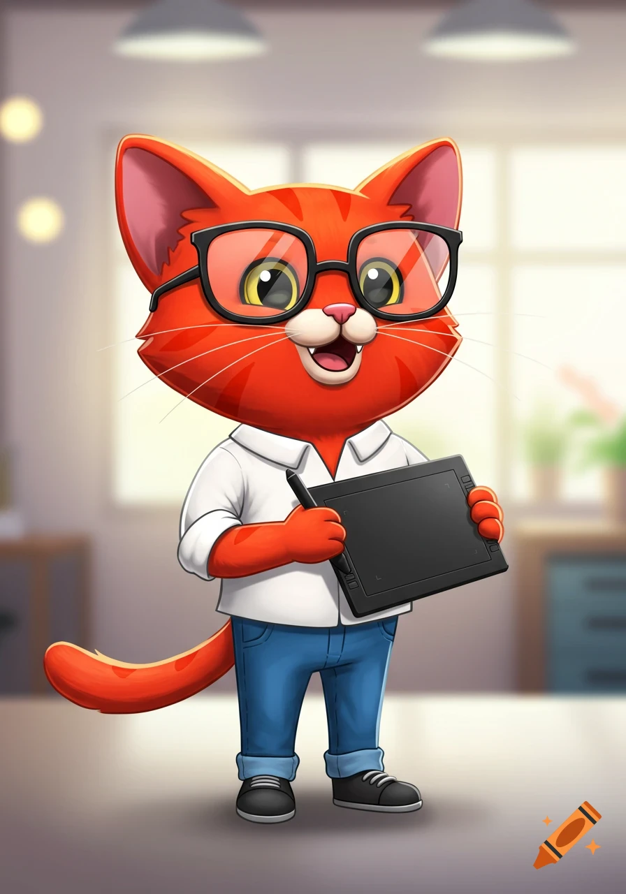 A cheerful, red cartoon cat mascot wearing black glasses, a white shirt, and jeans, holding a graphic tablet.