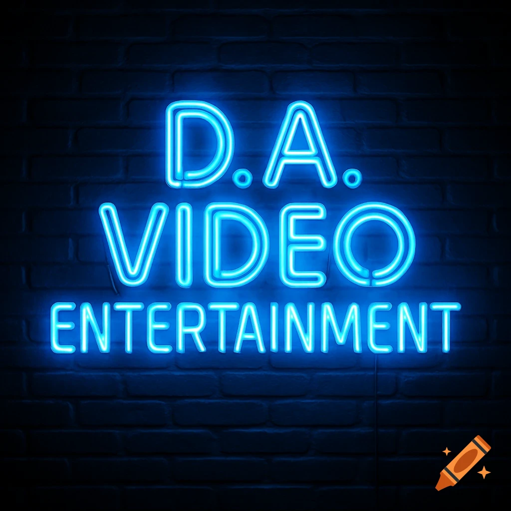 A bright blue neon sign displaying the words 'D.A. VIDEO ENTERTAINMENT' against a dark brick wall.