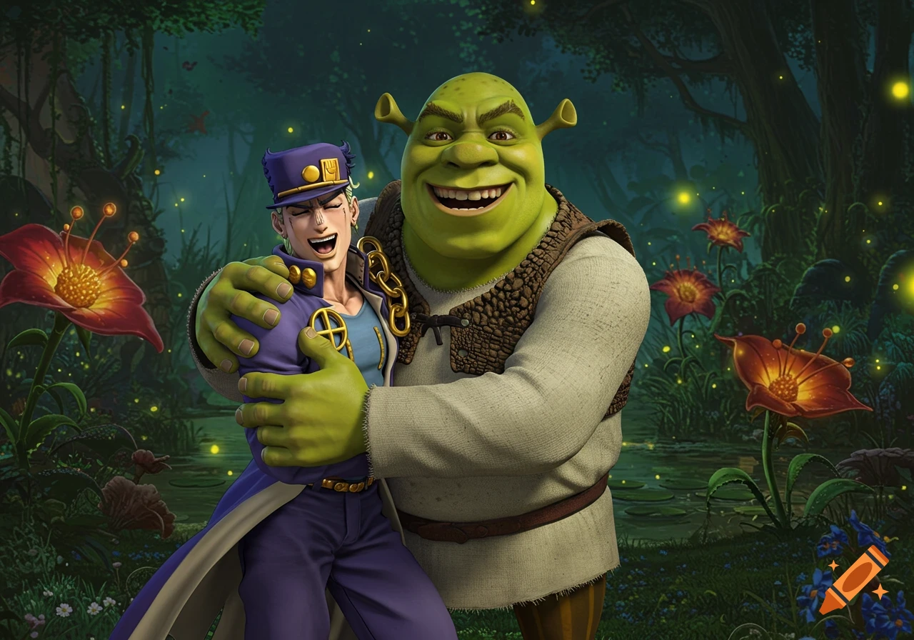 Shrek happily hugs a character in a purple outfit from Jojo's Bizarre Adventure in a mystical, glowing swamp.
