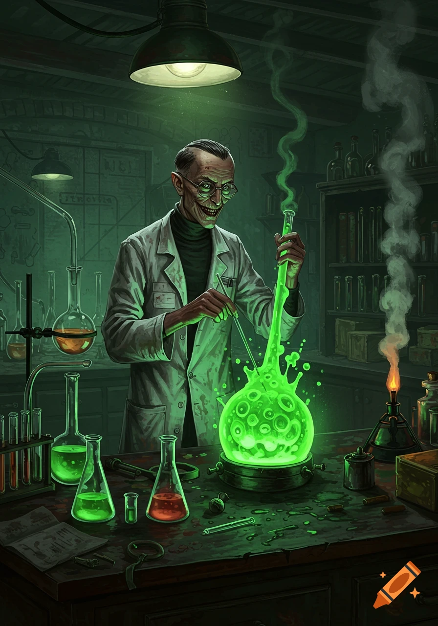 A sinister mad scientist with a creepy grin holds a test tube over a bubbling, glowing green concoction in a dimly lit laboratory.