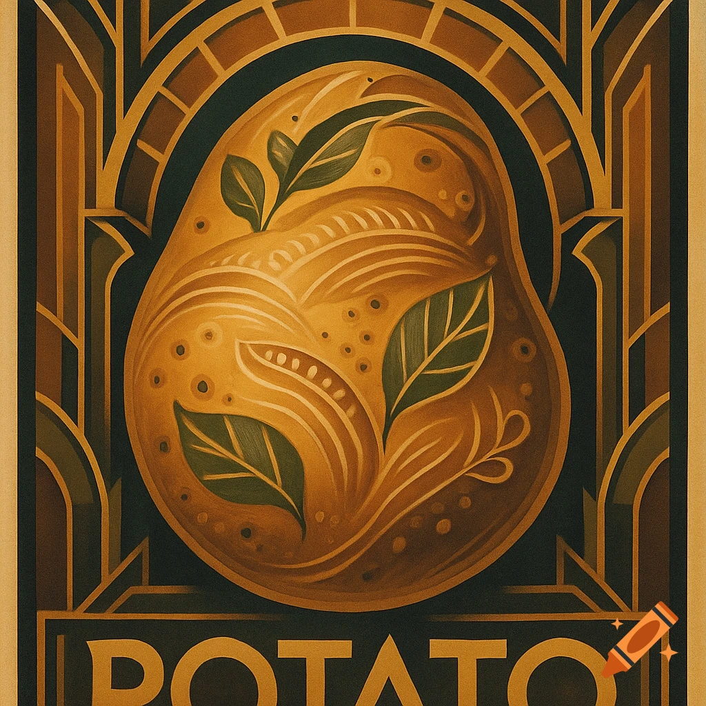Art Deco poster of a stylized potato with leaves and geometric patterns, with 'POTATO' written at the bottom.
