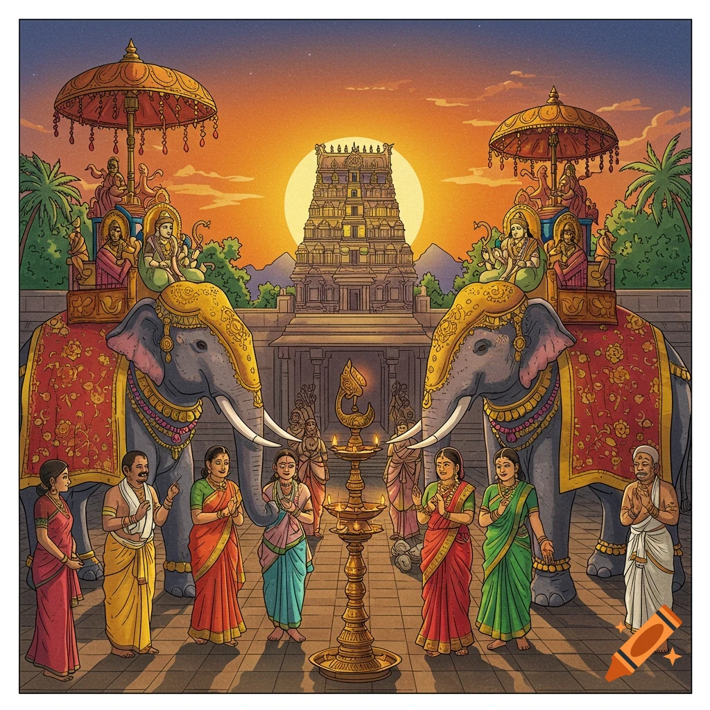 Ornate elephants with deities, people in traditional Indian attire, a temple, and a large lamp at sunset, in an illustration style.