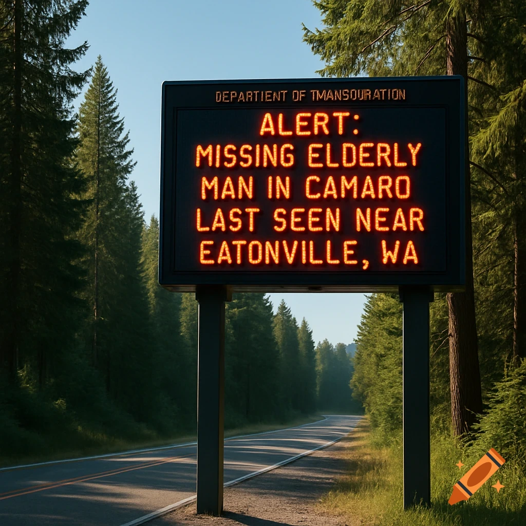 Photorealistic electronic highway sign in a forest, displaying a missing person alert for an elderly man in a Camaro.