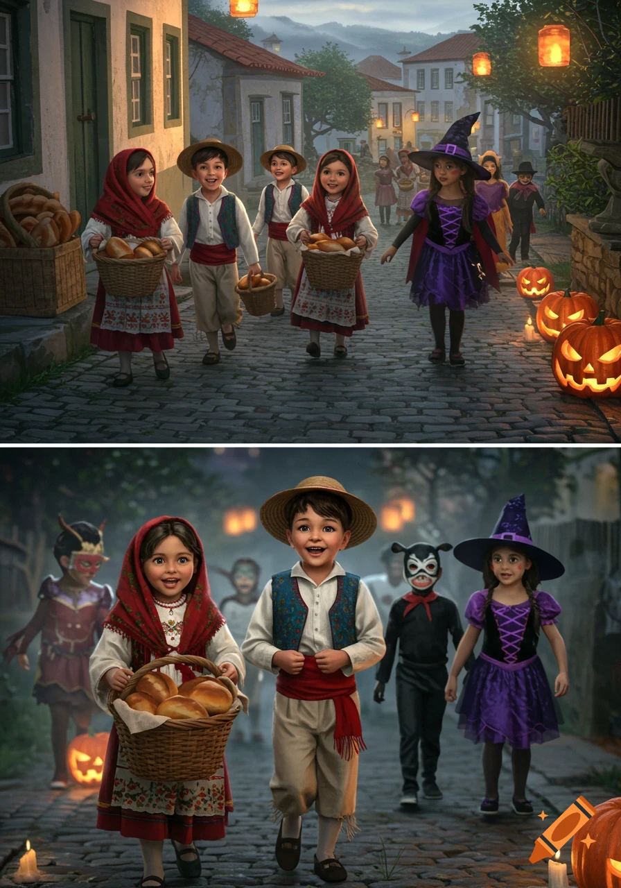 Children in traditional Portuguese clothing and Halloween costumes walk through a village street at dusk, with carved pumpkins and lanterns.