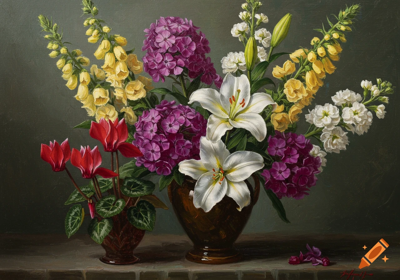 An oil painting still life of red cyclamen, yellow foxgloves, white lilies, purple phlox, and white stocks in two dark vases.