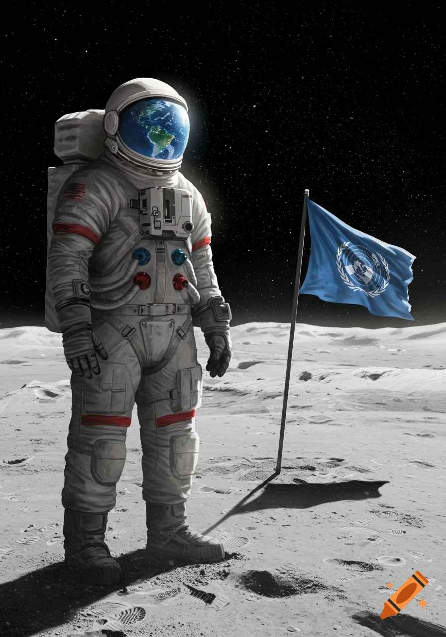 An astronaut stands on the moon next to a United Nations flag, with Earth reflecting in their helmet visor and stars in the black sky.