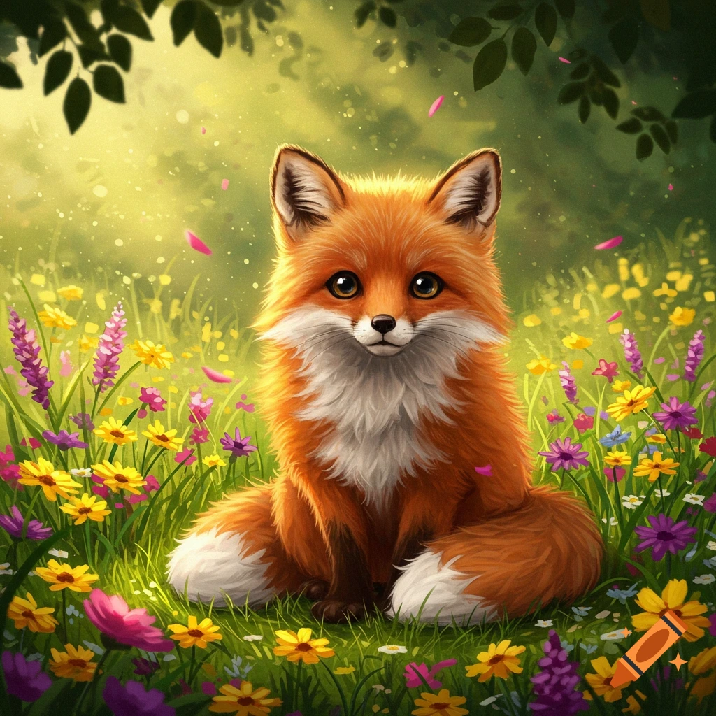A cute, fluffy orange and white fox sits in a vibrant field of colorful flowers under dappled light, digital illustration.
