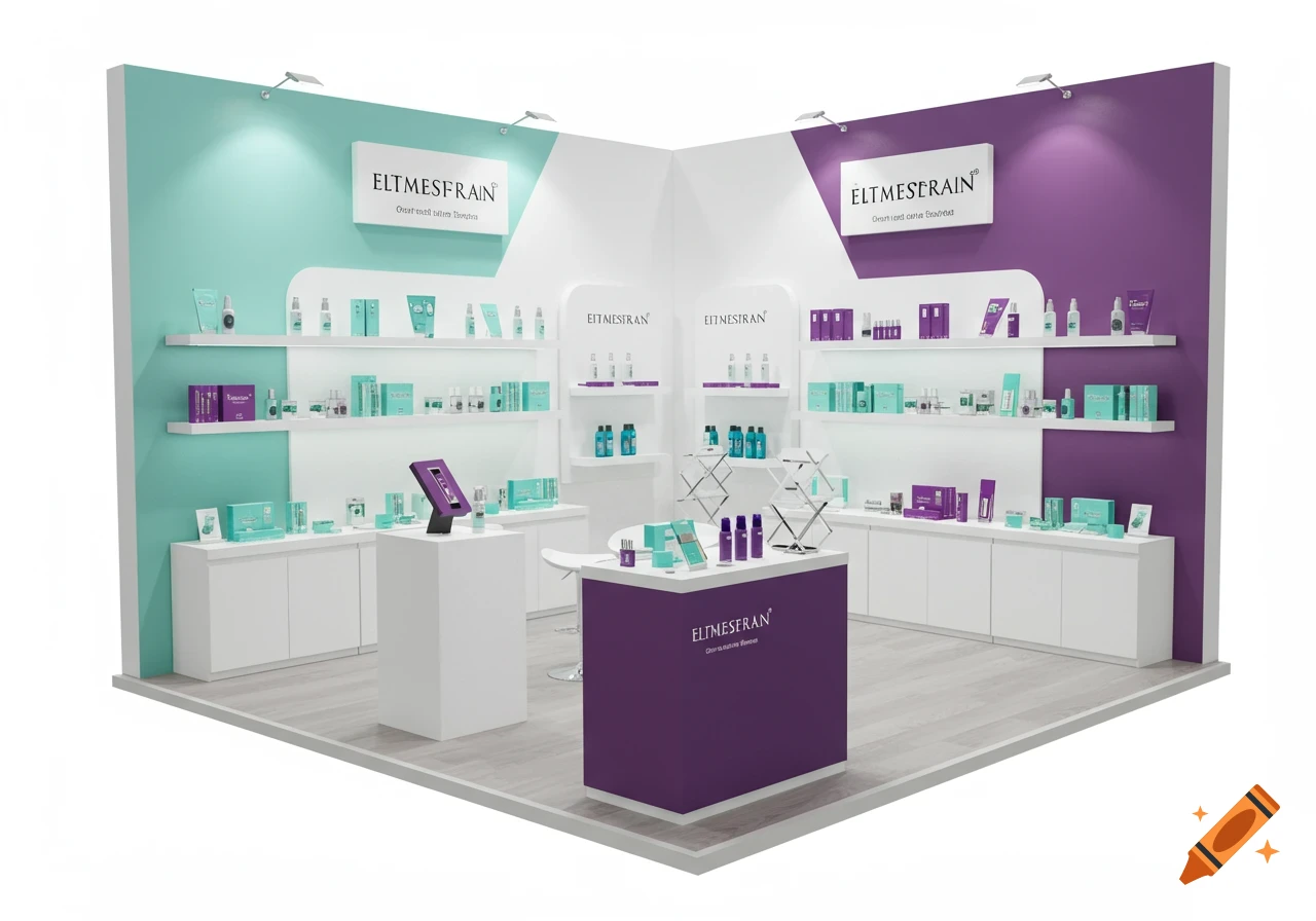 A modern trade show booth displaying cosmetic products on shelves and counters, with walls painted in teal and purple, and white accents.