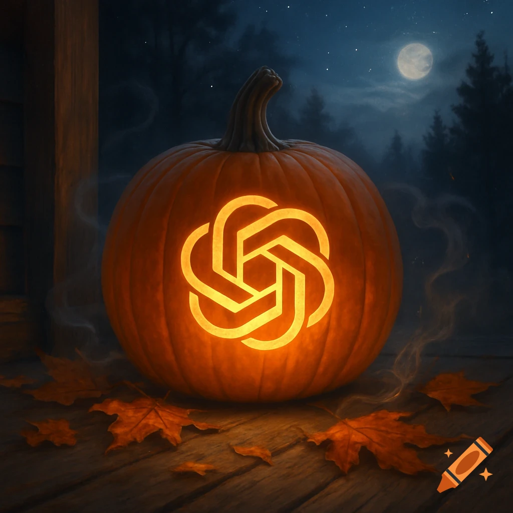 A glowing jack-o-lantern with the OpenAI logo carved into it sits on a wooden porch among autumn leaves at night.