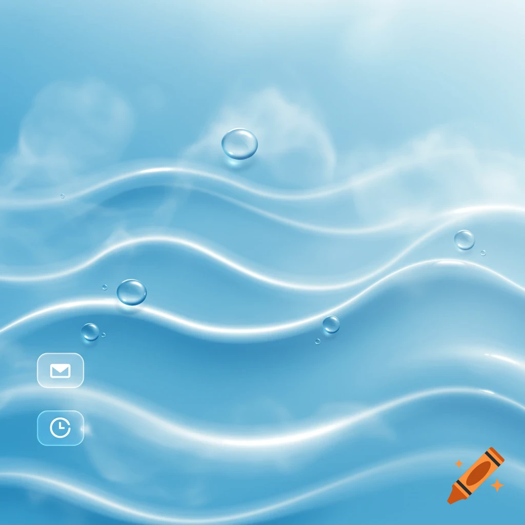An abstract light blue background with wavy lines, water droplets, and translucent envelope and clock UI icons.