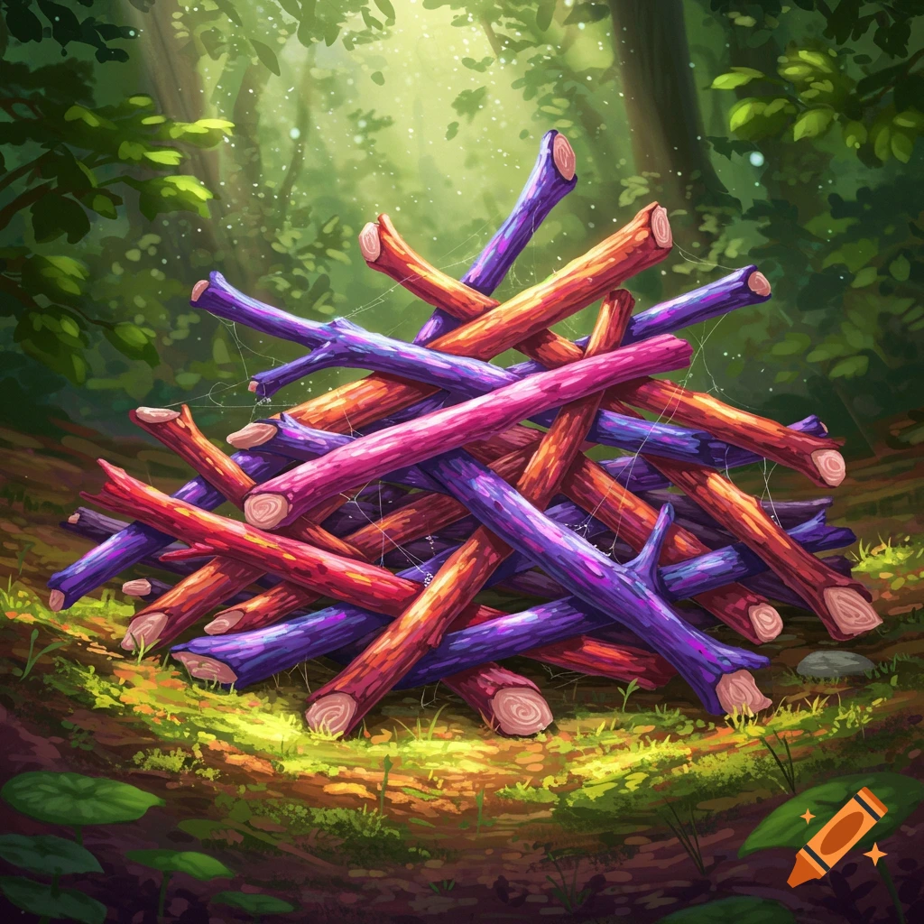 A vibrant, illustrative depiction of a colorful pile of twigs on a mossy forest floor, bathed in dappled sunlight.