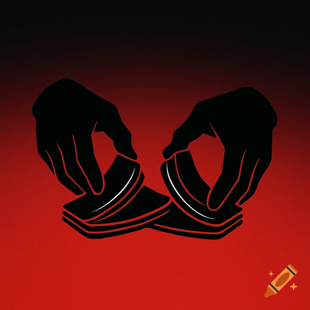 A logo with two black silhouette hands shuffling cards against a red and black gradient background.