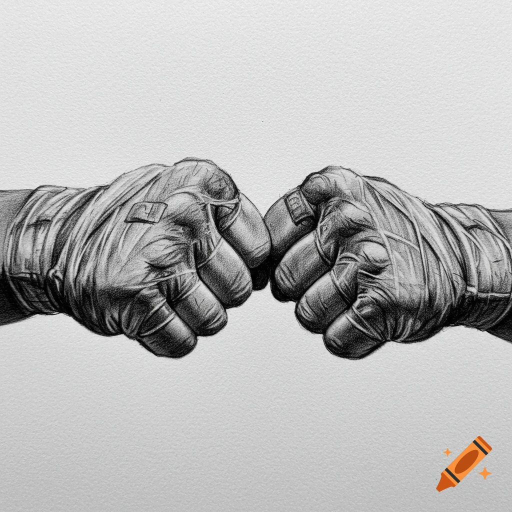 Black and white pencil drawing of two bandaged fists clashing, showing minor injuries.