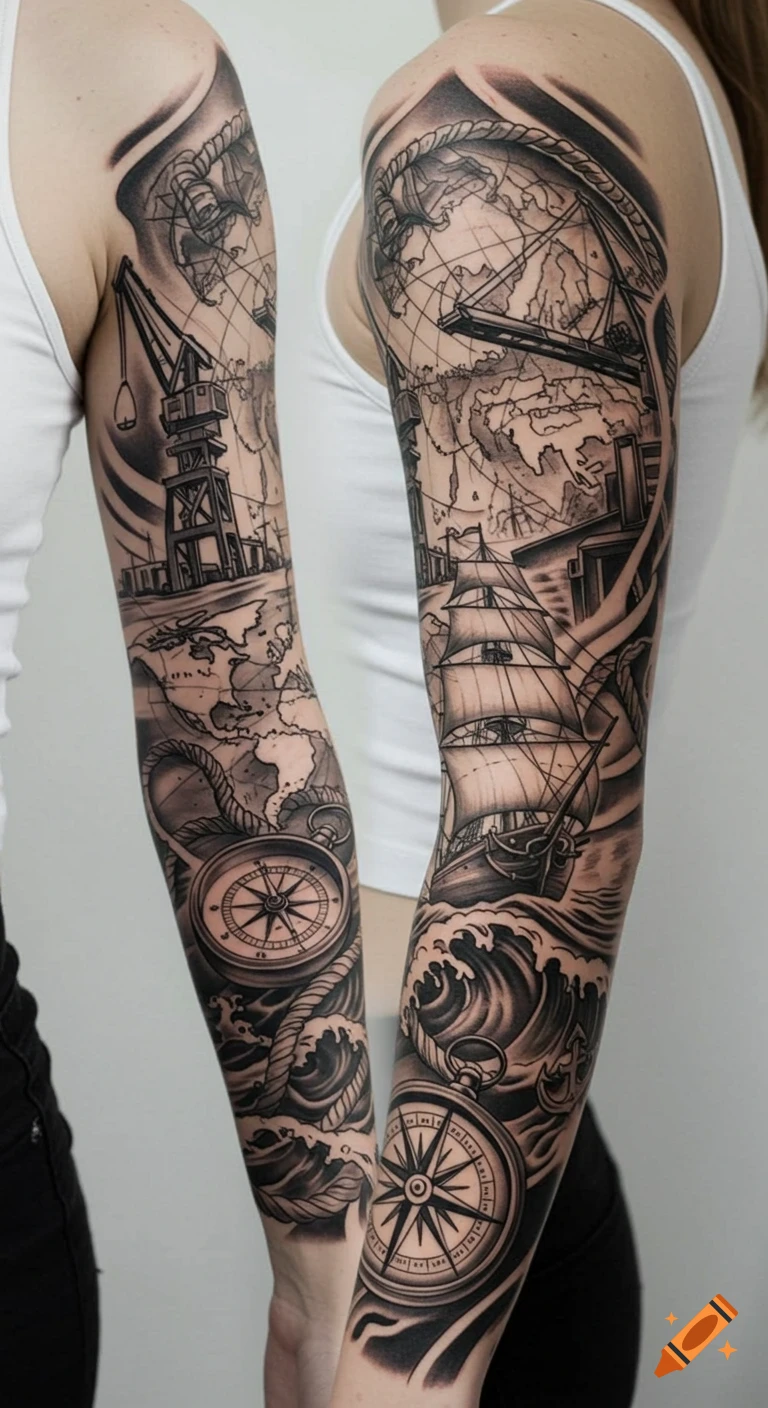 A detailed grayscale tattoo sleeve on a person's arm, featuring a world map, compass, sailing ship on waves, rope, and harbor cranes.