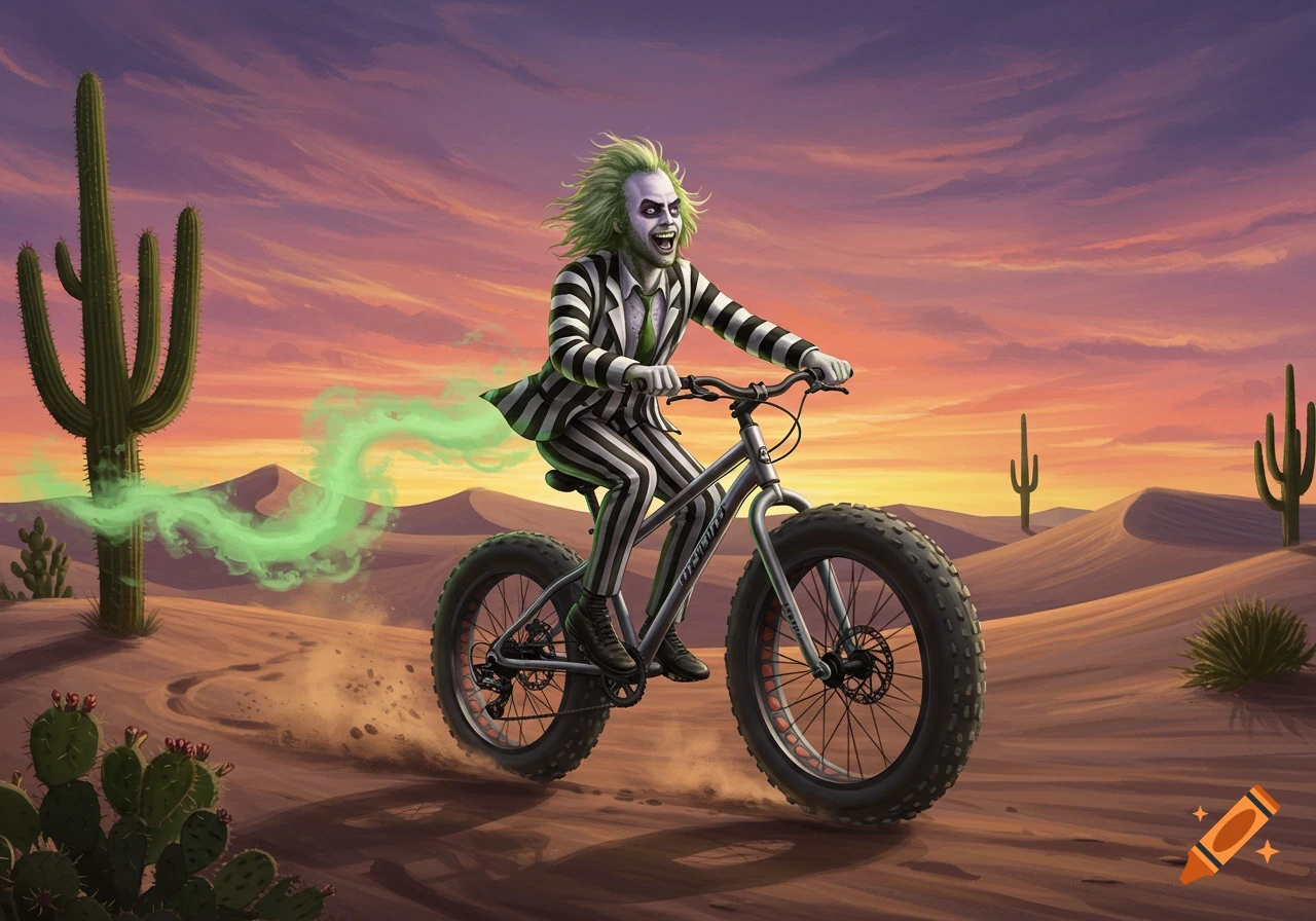 Beetlejuice, with green hair and a striped suit, rides a fatbike through a vibrant desert at sunset, leaving a trail of green smoke.