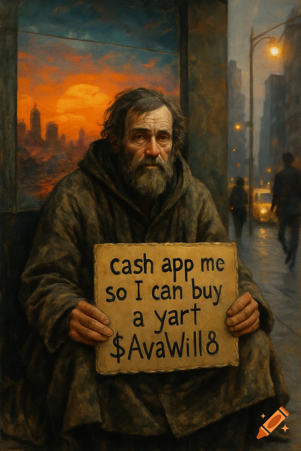 A somber, bearded homeless man sits holding a cardboard sign in a painterly style, with a city street and sunset in the background.