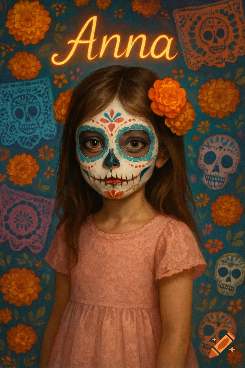 Portrait of a young girl with Day of the Dead face paint, brown hair, orange flowers, and a pink dress, with 'Anna' glowing above a blue, floral, skull-decorated background.