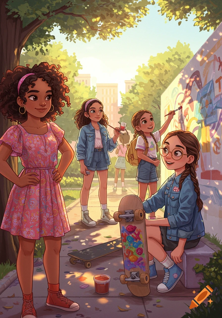 Four cartoon girls, one painting on a wall, one holding a paintbrush, one sitting with a skateboard, and one standing, outdoors on a sunny day.