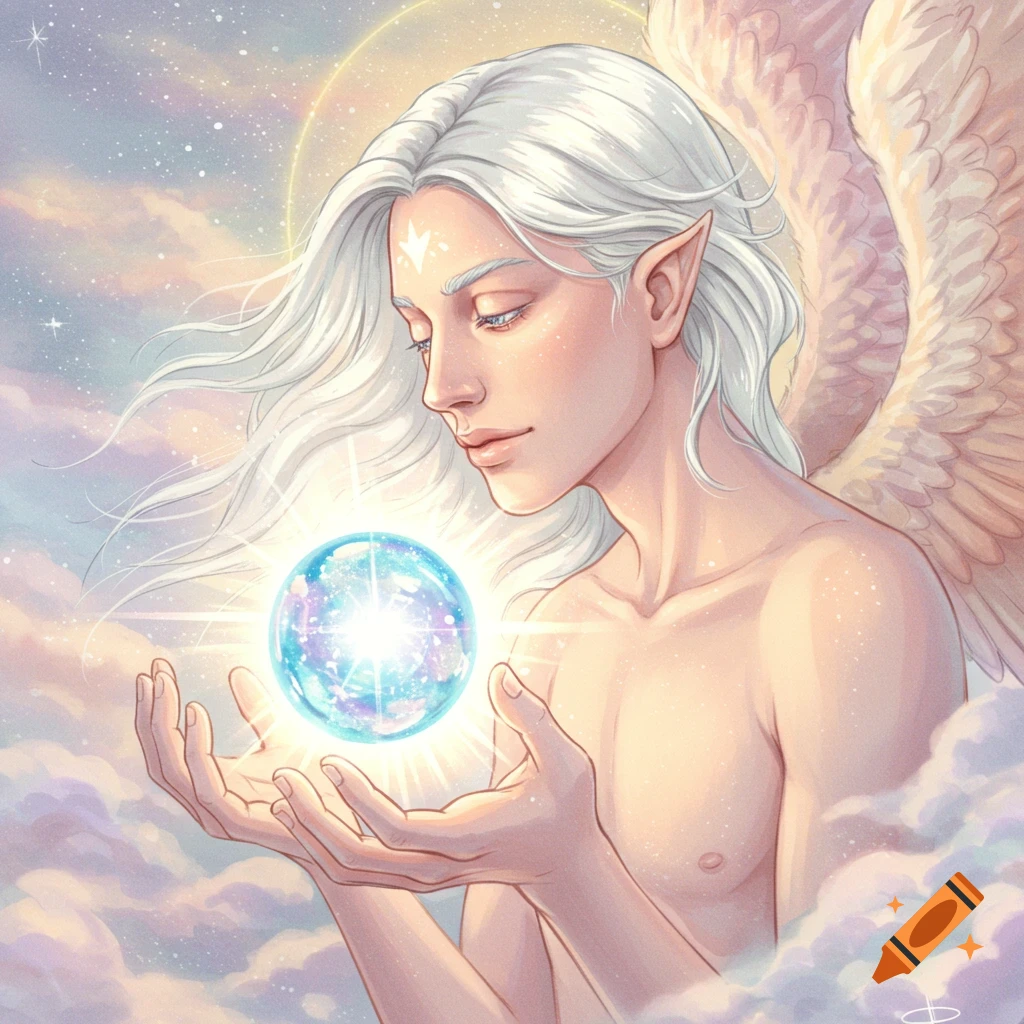 An angelic man with white hair and wings holds a glowing blue and purple orb, surrounded by clouds and stars in a beautiful fantasy illustration.