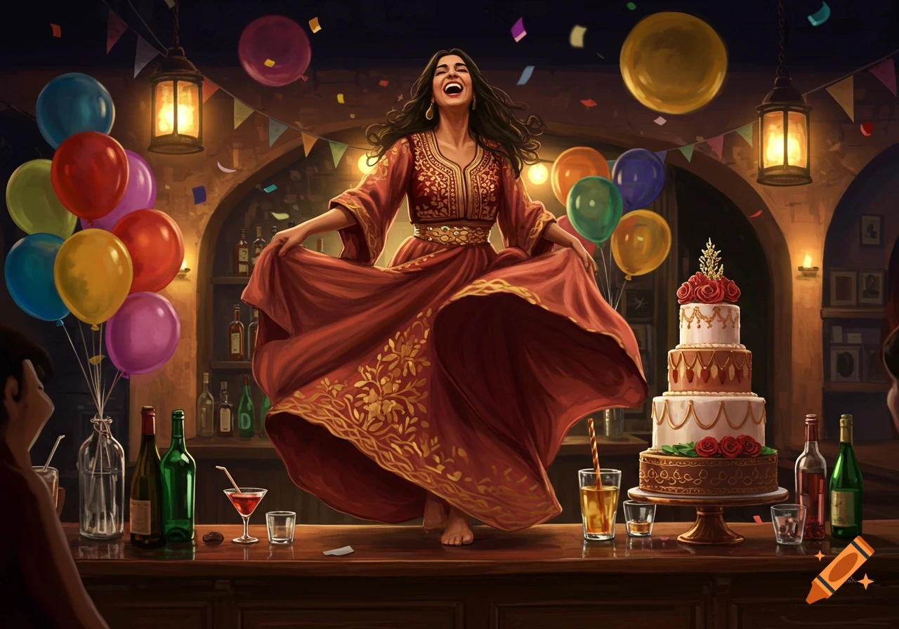 A Lebanese woman in a red dress with gold embroidery dancing barefoot on a bar amidst balloons, drinks, and a large tiered cake.