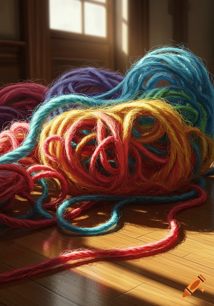 A large tangled pile of colorful yarn in shades of red, yellow, blue, and purple lies on a wooden floor, lit by sunlight from a window.