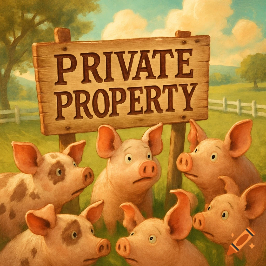 A group of worried cartoon pigs look up at a wooden sign that reads "PRIVATE PROPERTY" in a painterly style.