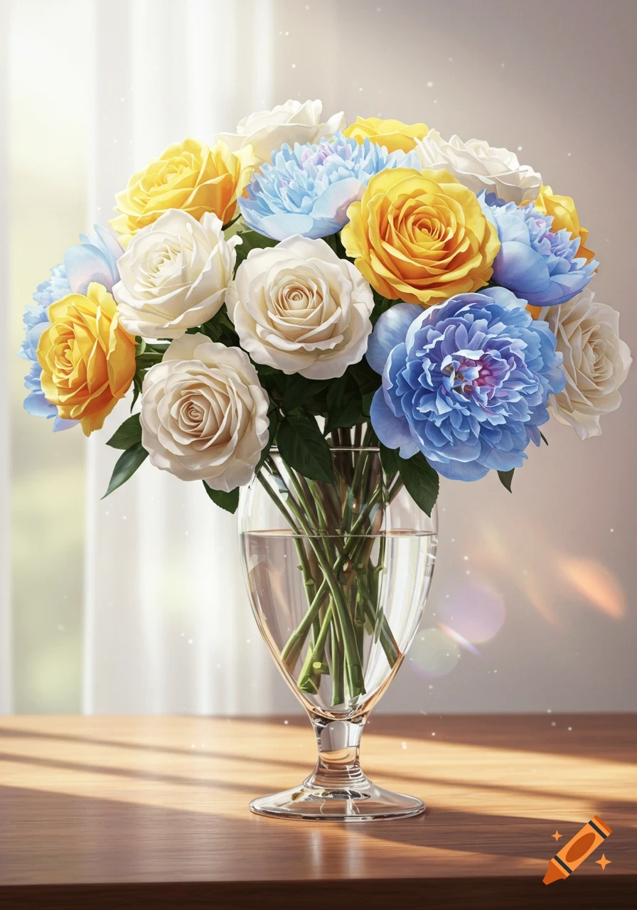 A vibrant bouquet of white and yellow roses with blue peonies in a glass vase on a wooden table, with soft background lighting.