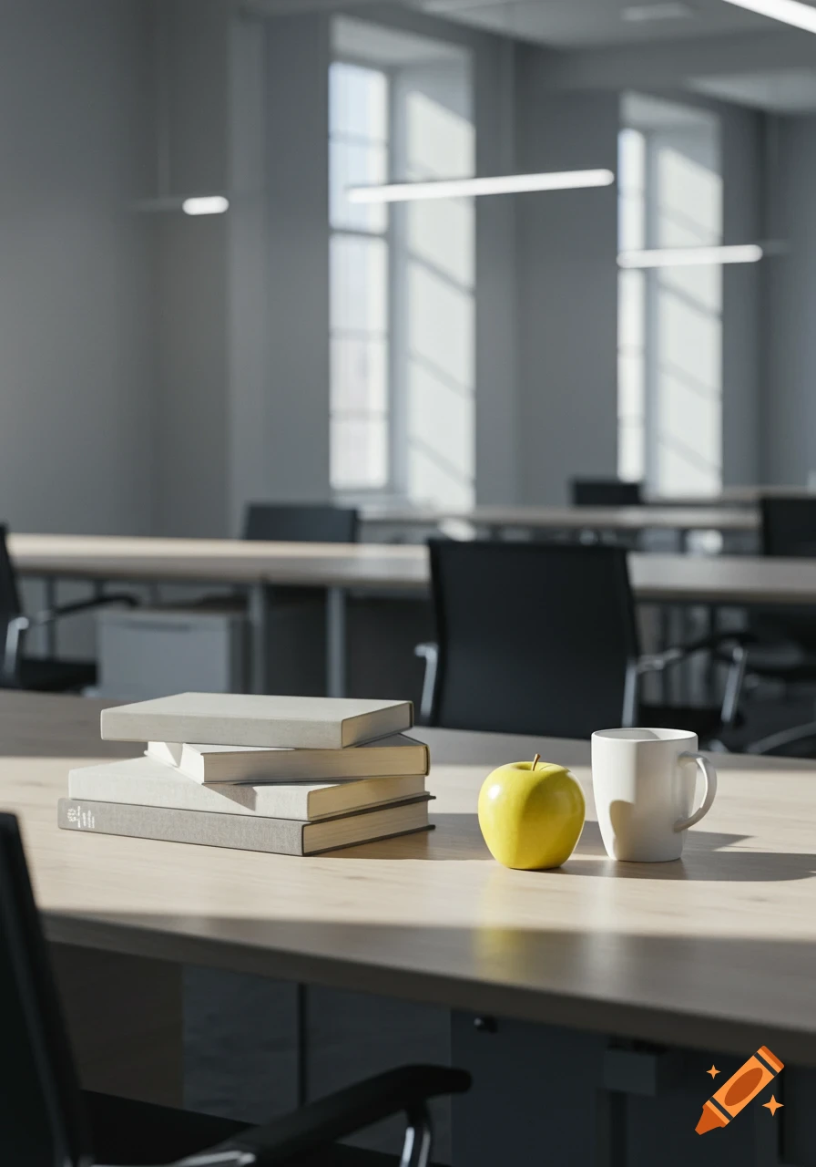 A photorealistic image of a stack of neutral-colored books, a yellow apple, and a white mug on a light-colored office desk, with windows in the background.