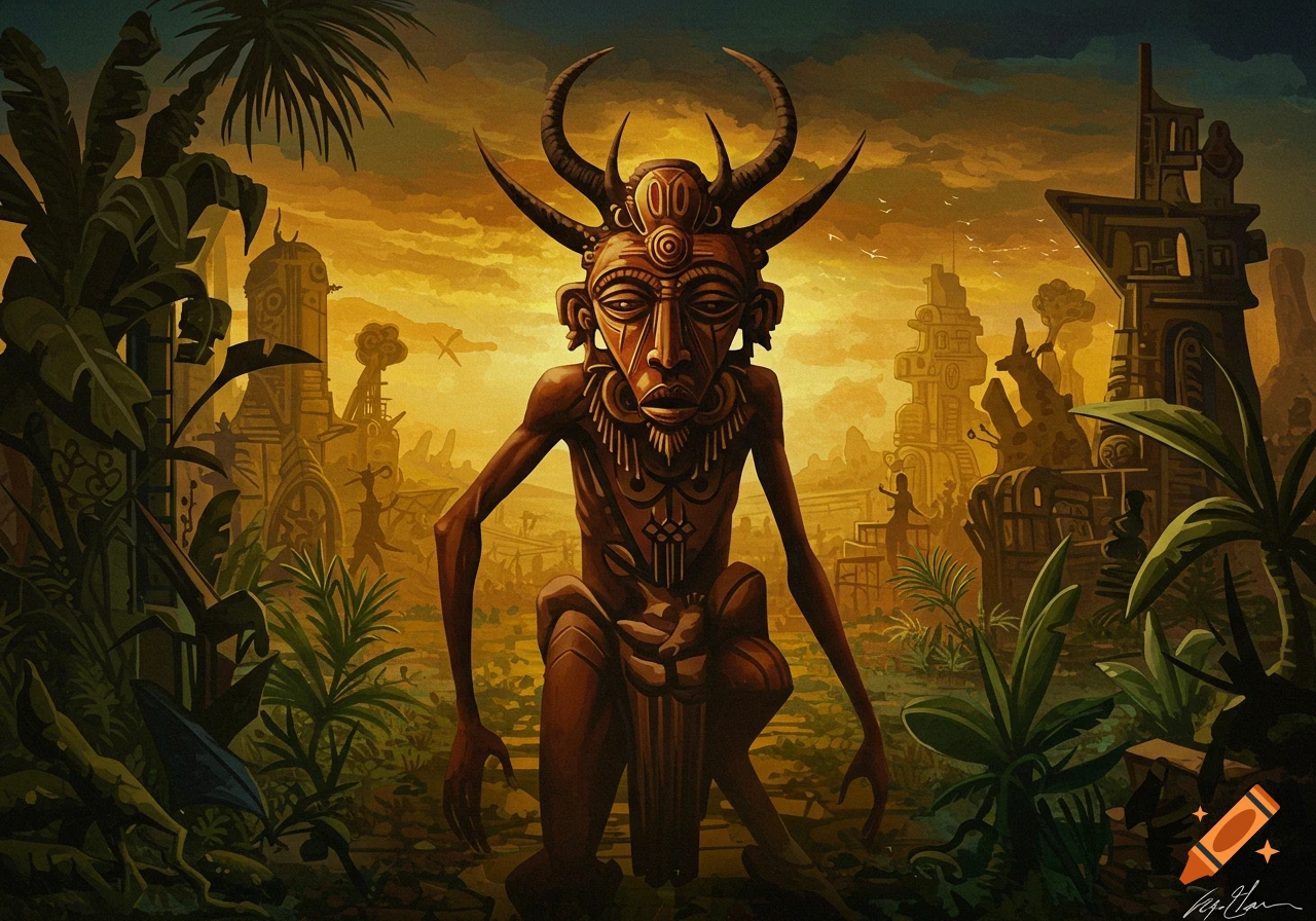 A stylized painting of a horned, masked tribal figure crouching in a lush jungle with ancient, surreal ruins in the background at sunset.