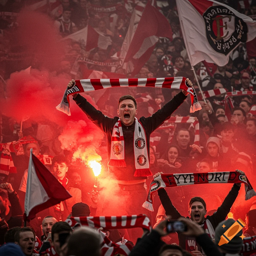 Passionate football fans in red and white scarves and flags, surrounded by red smoke, cheering loudly at a stadium.
