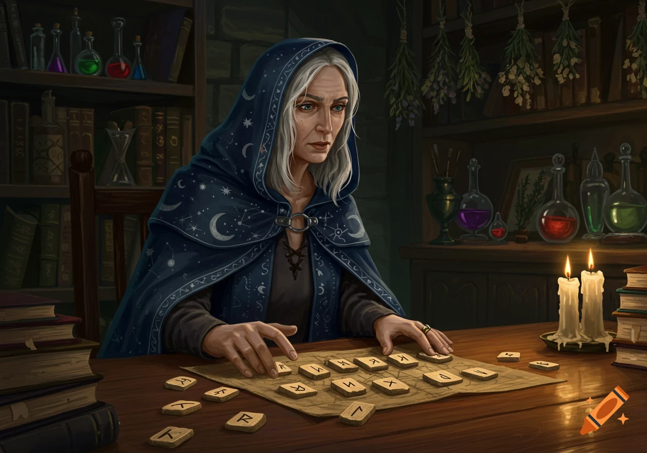 An old witch in a dark, celestial cloak looks intently at runes on a table, surrounded by books, potions, and candles.
