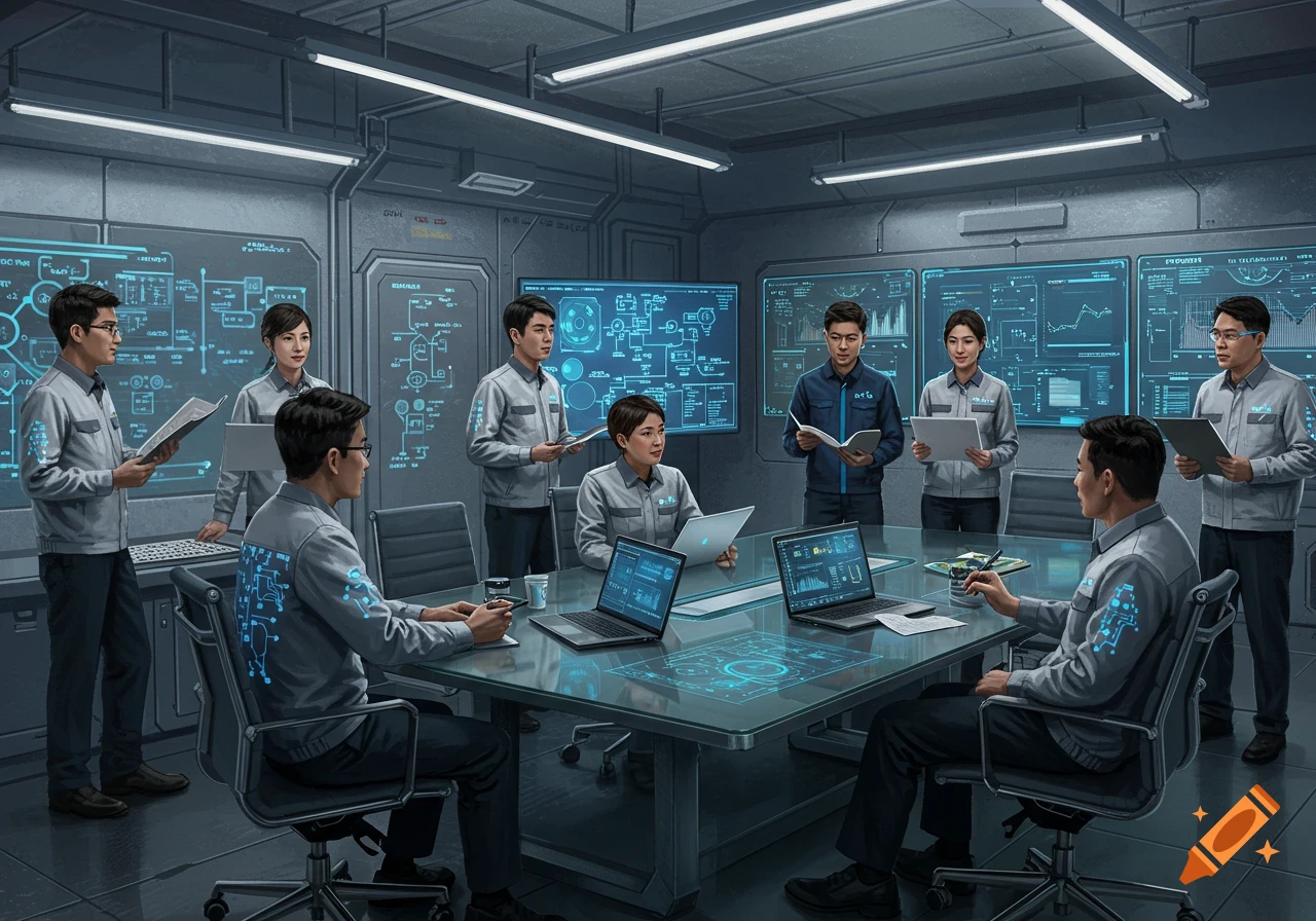 Technicians in a futuristic conference room discuss data displayed on large screens and holographic interfaces.