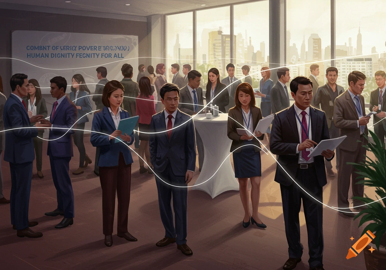 An illustration of a diverse professional networking event in a modern setting, with people conversing and connected by glowing lines.