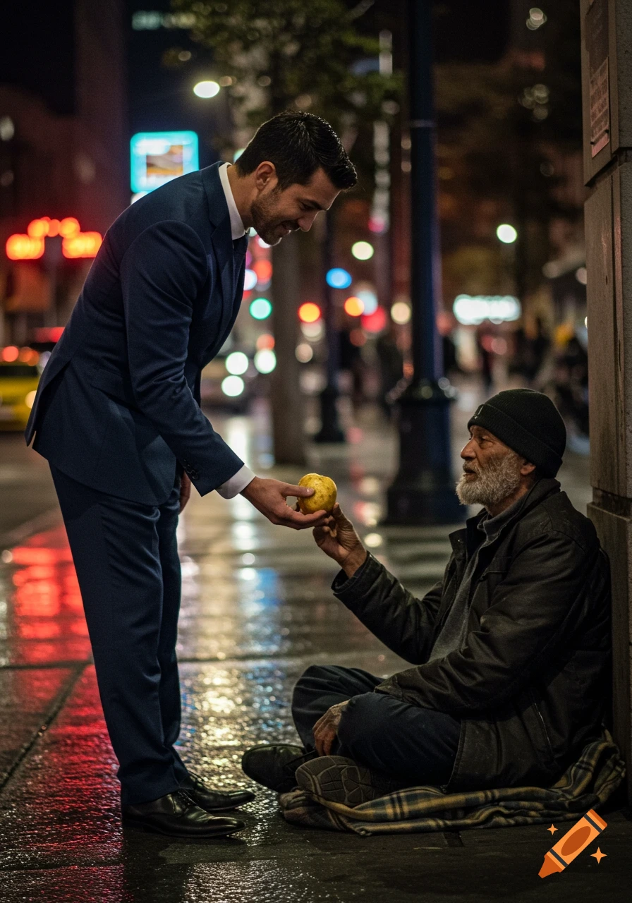 A well-dressed man hands a potato to a bearded homeless man sitting on a wet city sidewalk at night, with blurred city lights in the background.