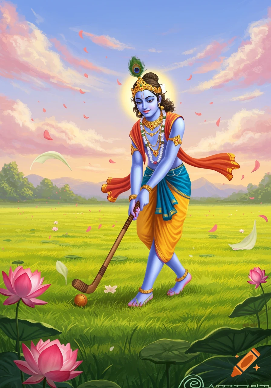 Colorful illustration of a blue-skinned Krishna playing ground hockey in a lush field with lotus flowers under a vibrant sky.