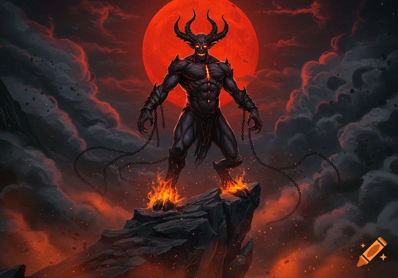 A muscular, horned demon with glowing eyes and fiery feet stands on a rocky outcrop against a large red moon and stormy sky.