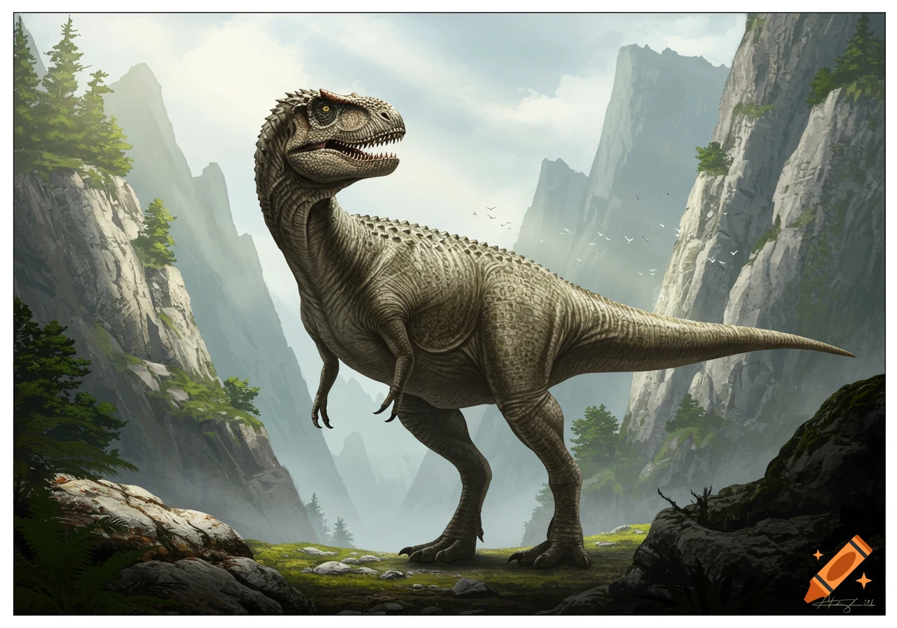 A large, bipedal carnivorous dinosaur with rough skin and a short horn stands in a lush, misty mountain valley.