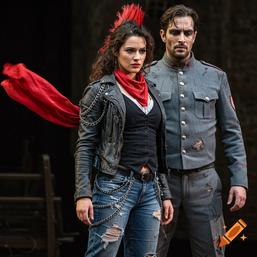 A woman with a red punk mohawk, leather jacket, and ripped jeans stands next to a man in a tattered grey uniform, against a dark background.