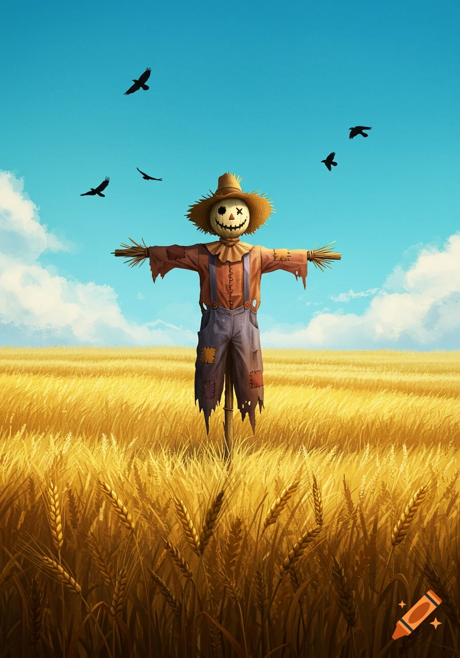 An artistic illustration of a smiling scarecrow wearing a straw hat and overalls, standing in a golden wheat field under a blue sky with flying crows.