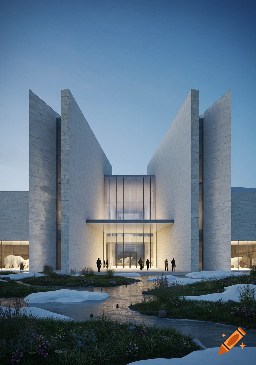 A modern building with stone walls and a glass entrance, flanked by two high wings, with people, a stream, grass, and snow in the foreground.