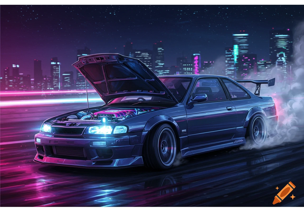 Dark blue sports car with an open hood and glowing pink engine drifts at night in a neon-lit city.